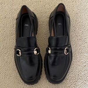 Zara Women’s Black Loafers with Gold Accents